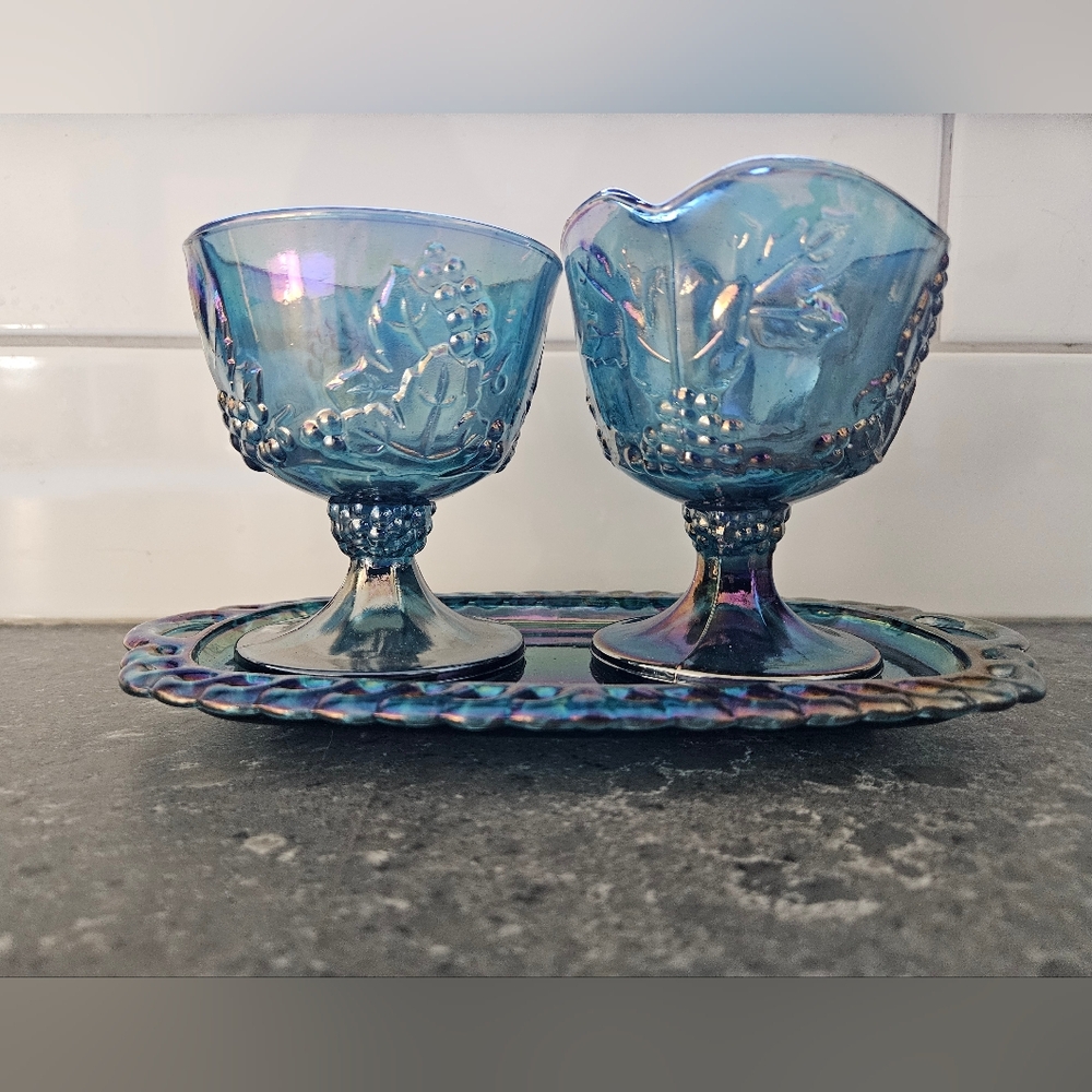 Indiana Harvest Grape Blue Carnival Glass Set of Sugar, Creamer, and Tray